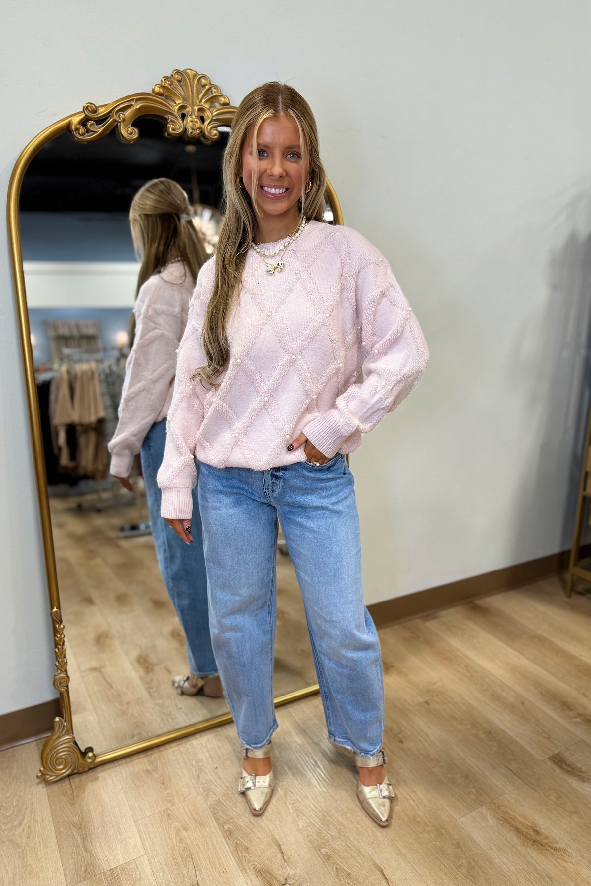 Soft Pearls Diamond Knit Sweater Pink