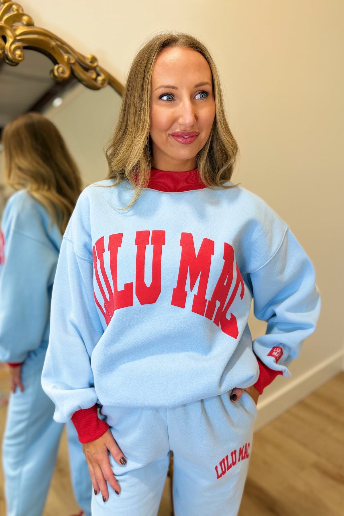 Lulu Mac Puff Mock Neck Sweatshirt Light Blue Red