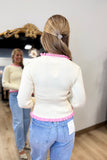 Ruffle Edge Ribbed Sweater Knit Top Ivory Pink