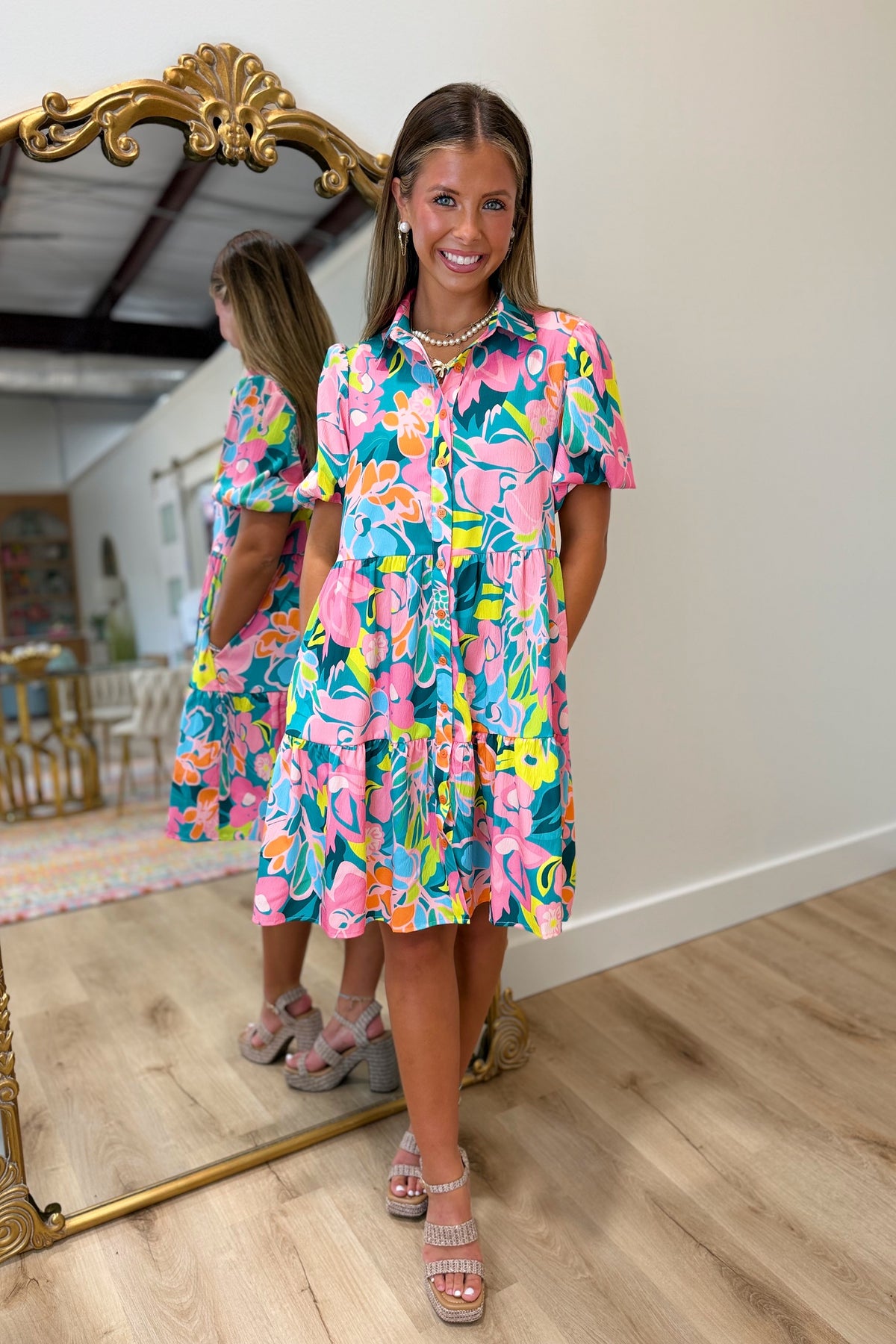 Neon Bouquet Dress Teal