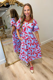 Oxford Outing Puff Sleeve Midi Dress Blue