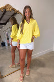 Spring Social Bubble Sleeve Button Down Top Lemon