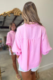 Spring Social Bubble Sleeve Button Down Top Pink