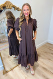 Autumn Beauty Puff Sleeve Midi Dress Brown