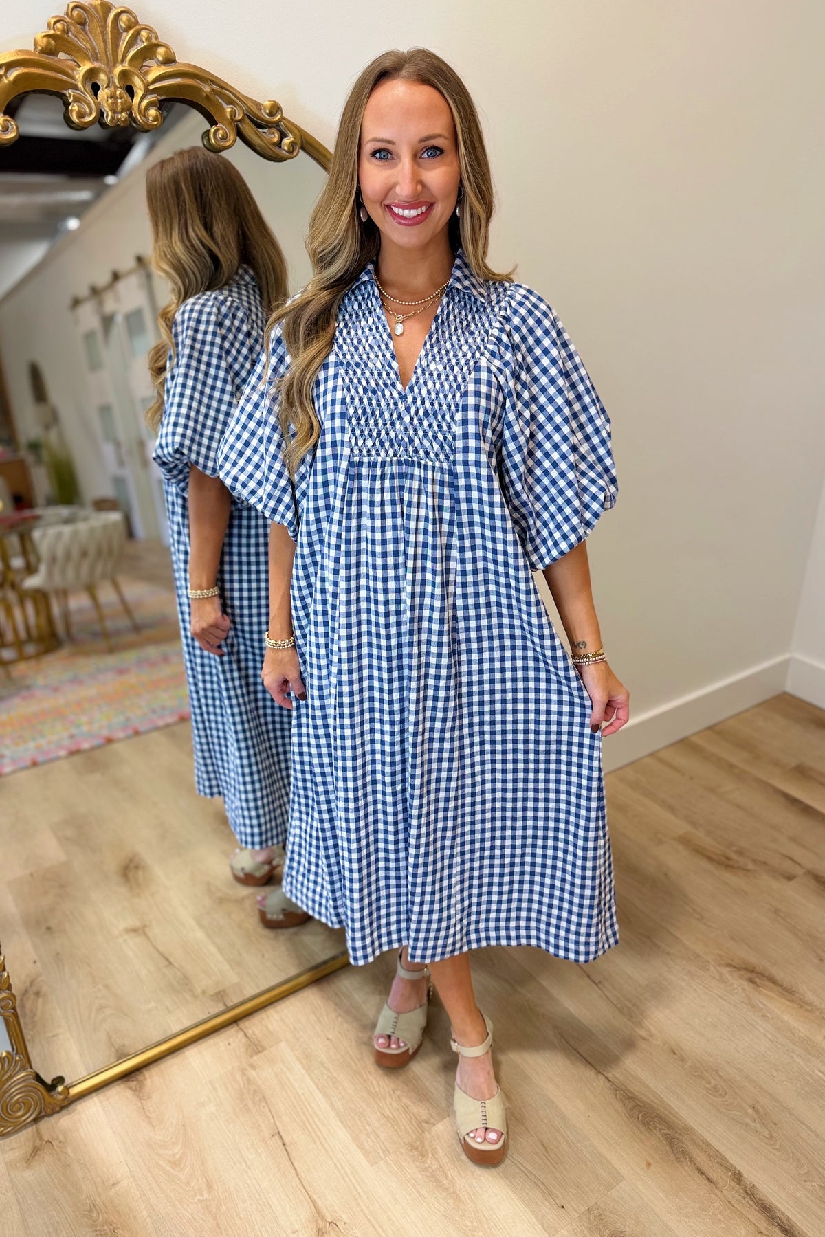 Umgee Harvest Special Dress Navy Plaid