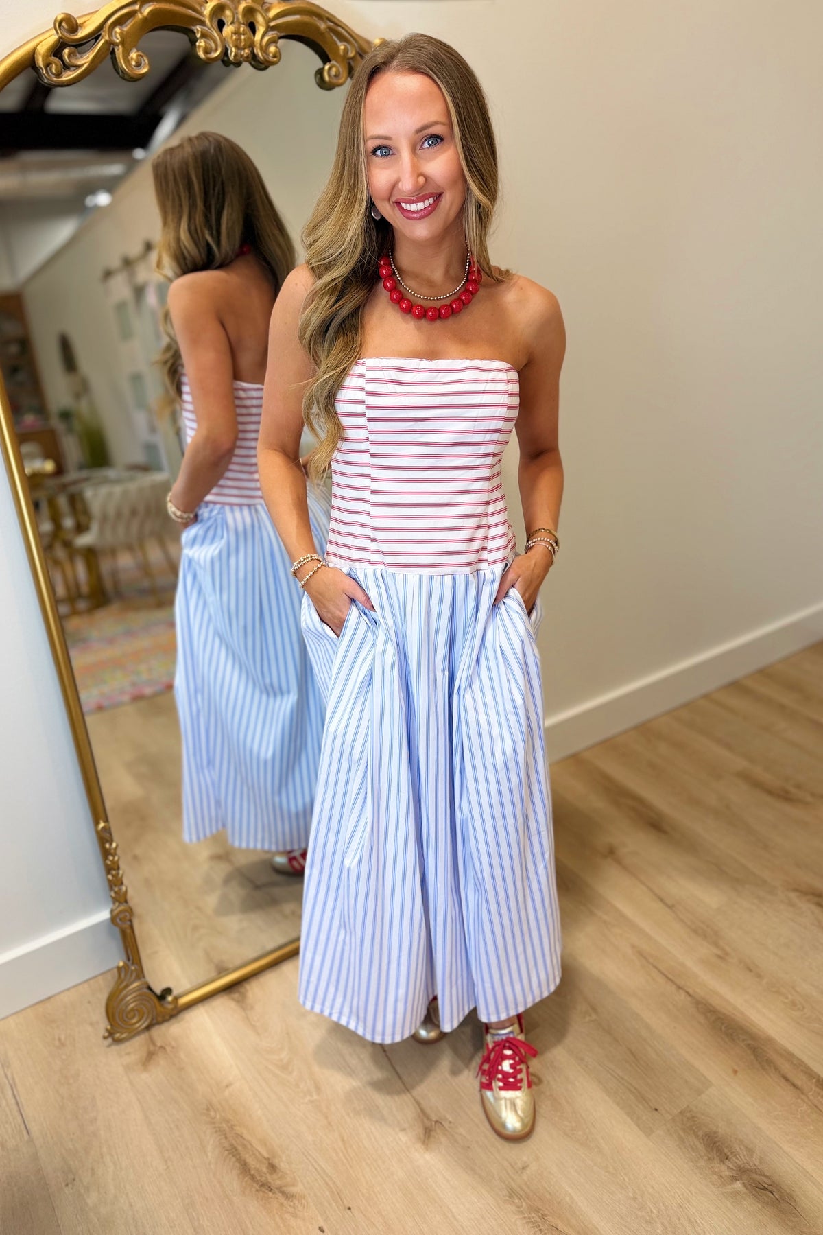 Game Day Culture Striped Strapless Dress Blue