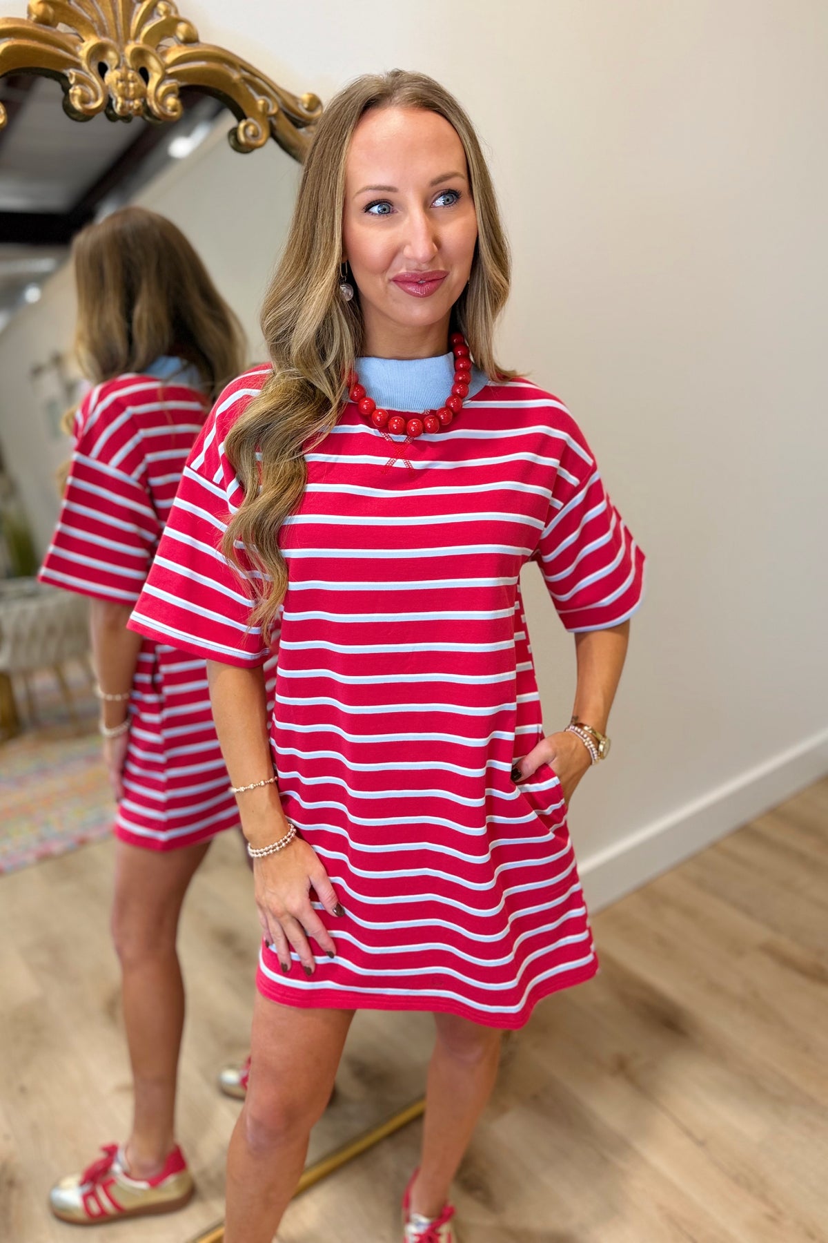Together Forever Striped Mock Neck Dress Red