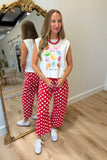Minnie Polka Dot Drawstring Barrel Jeans Red
