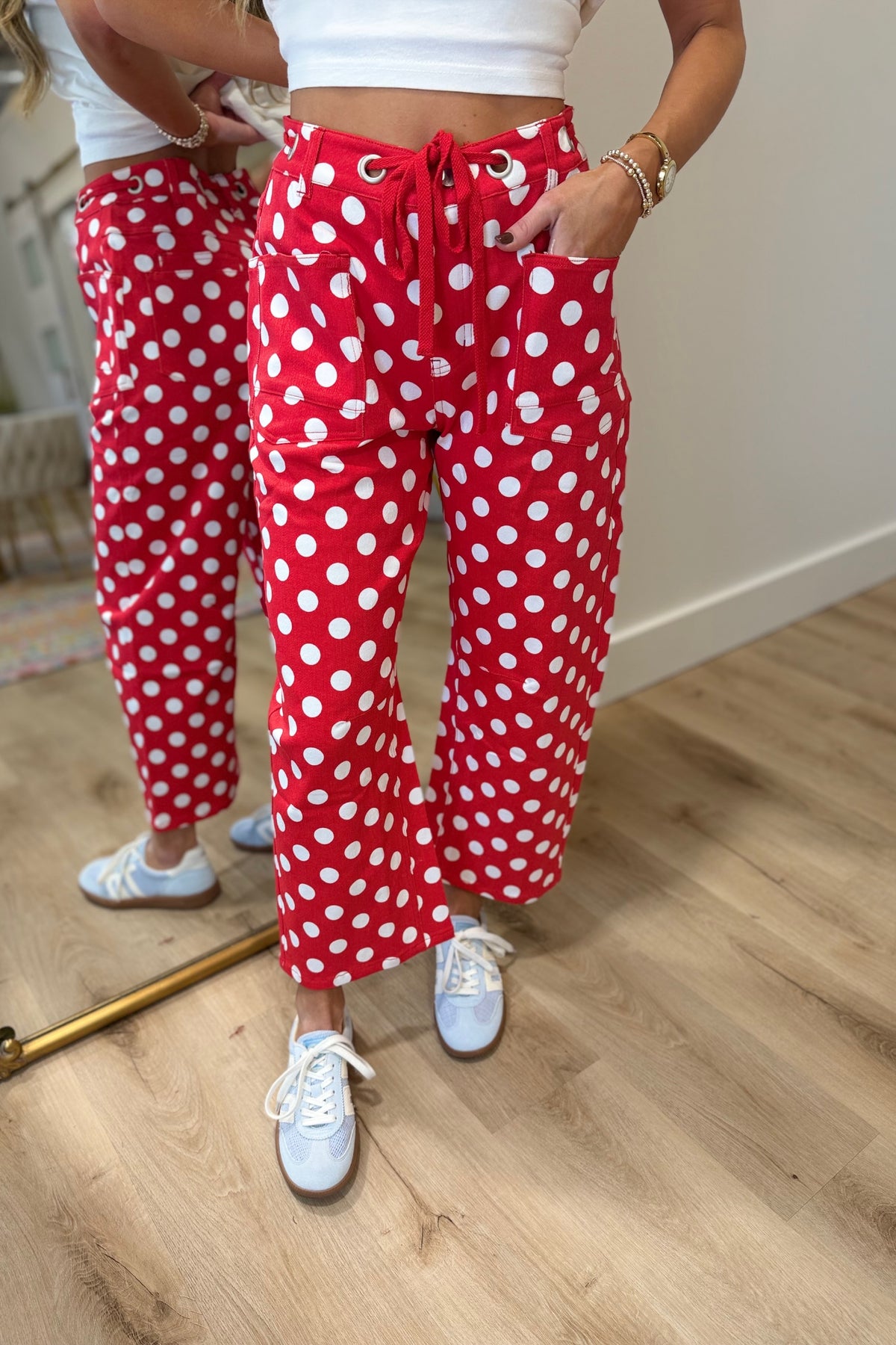 Minnie Polka Dot Drawstring Barrel Jeans Red