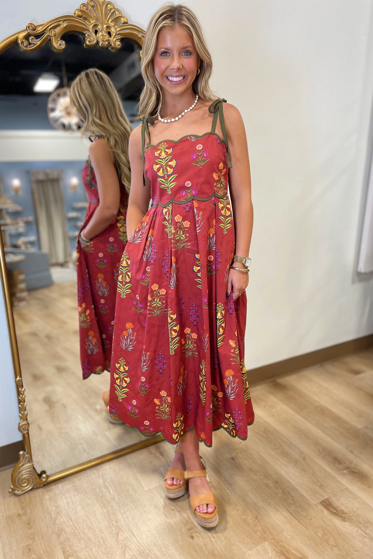 Scalloped Edge Fall Midi Dress Wine