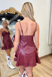 PU Leather Bow Mini Dress Maroon