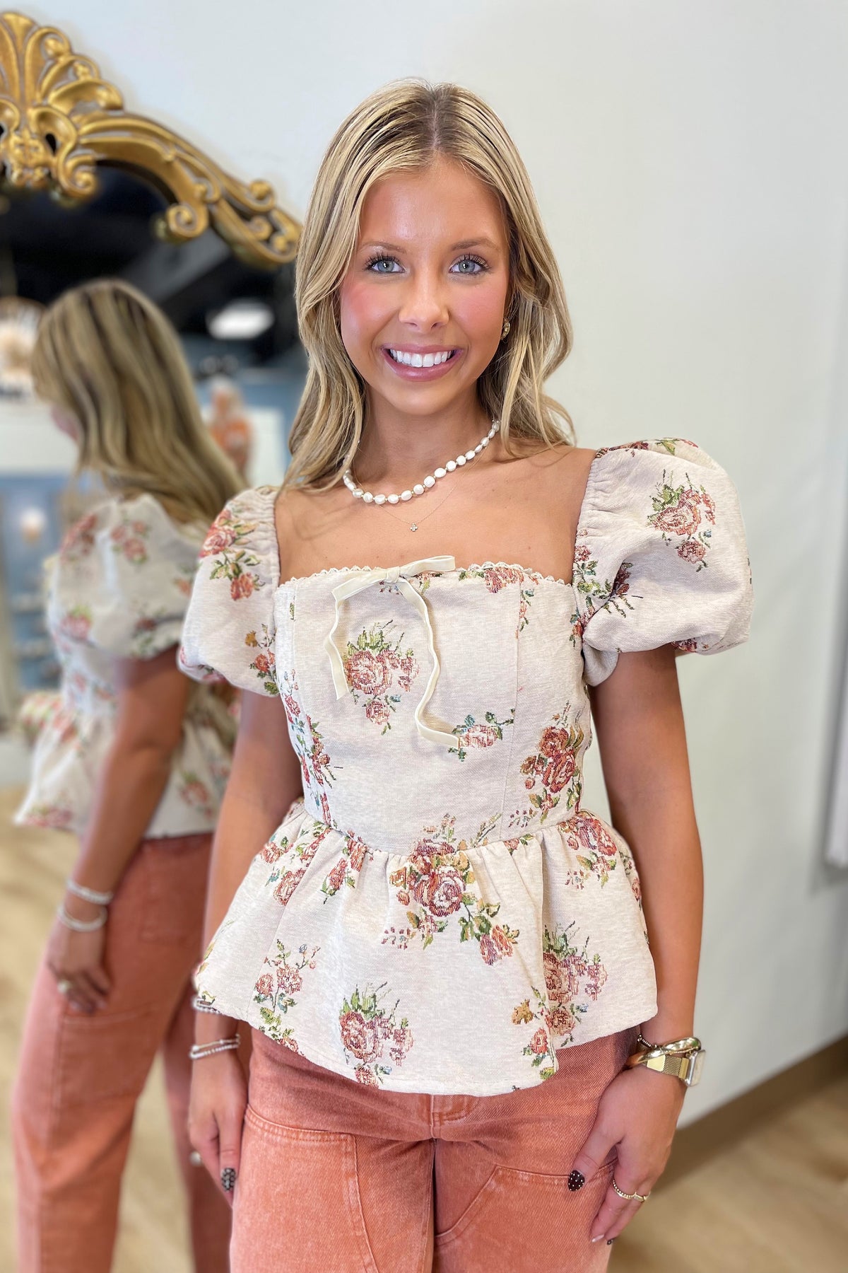 Sylvia Floral Jacquard Blouse Taupe