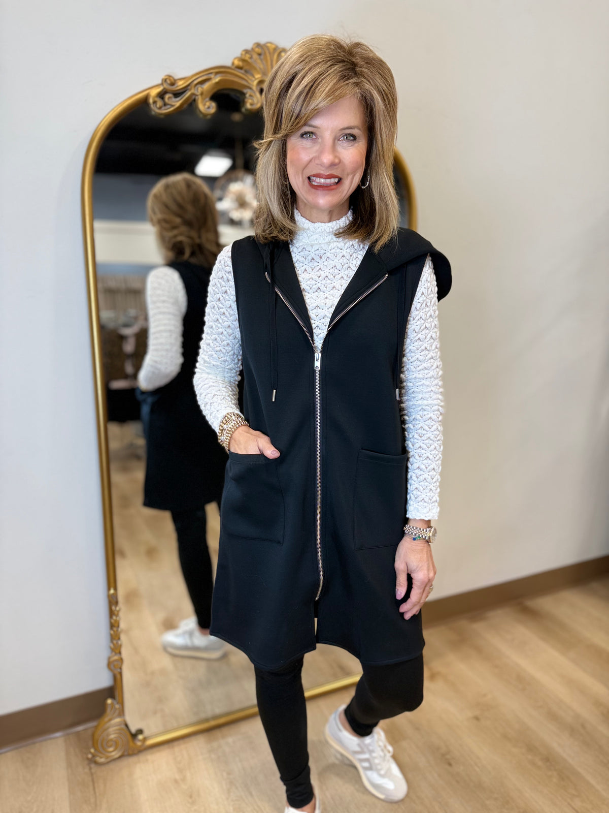 Charlie B Zip Front Vest w Hood Black