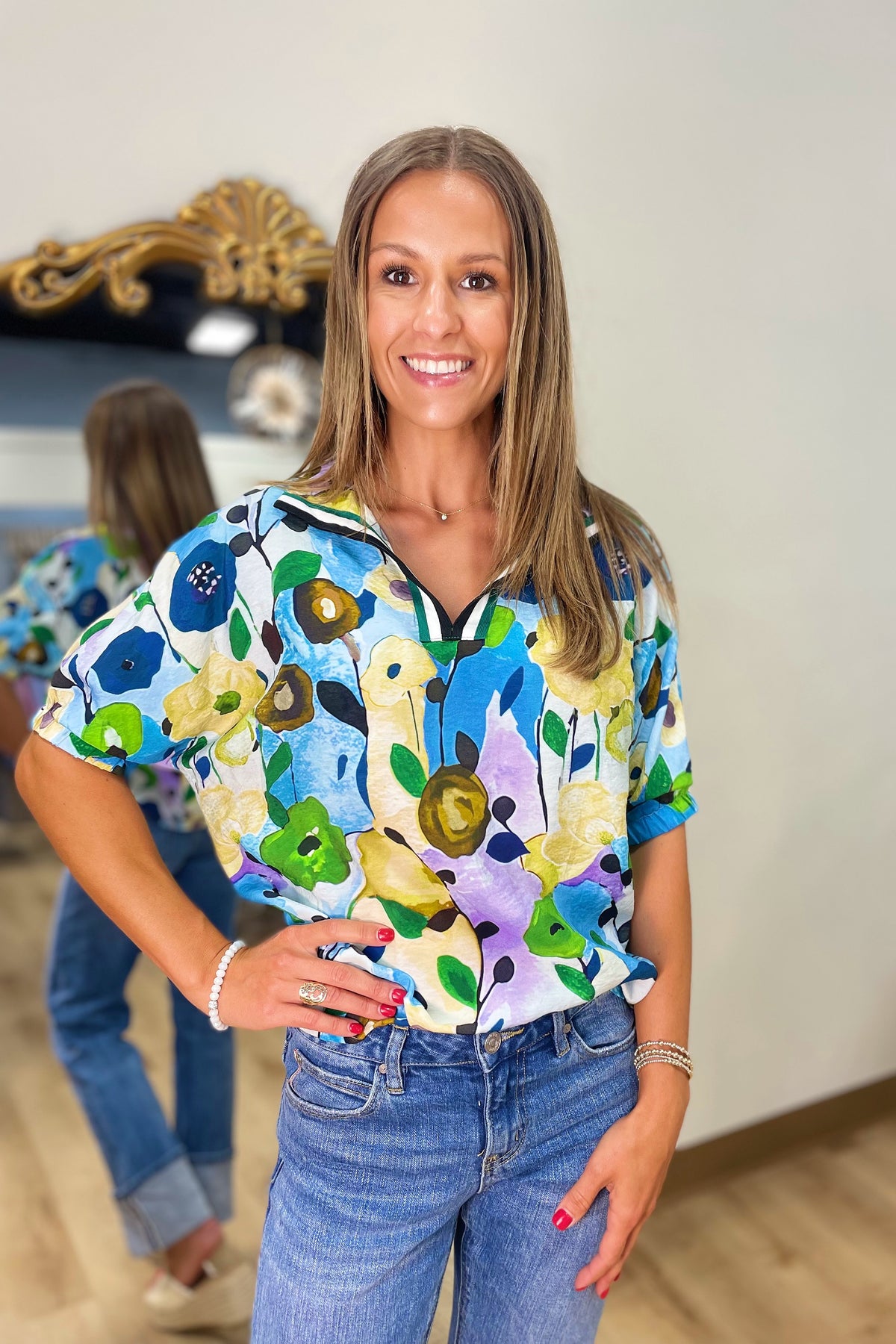 Floral Burst Top Blue