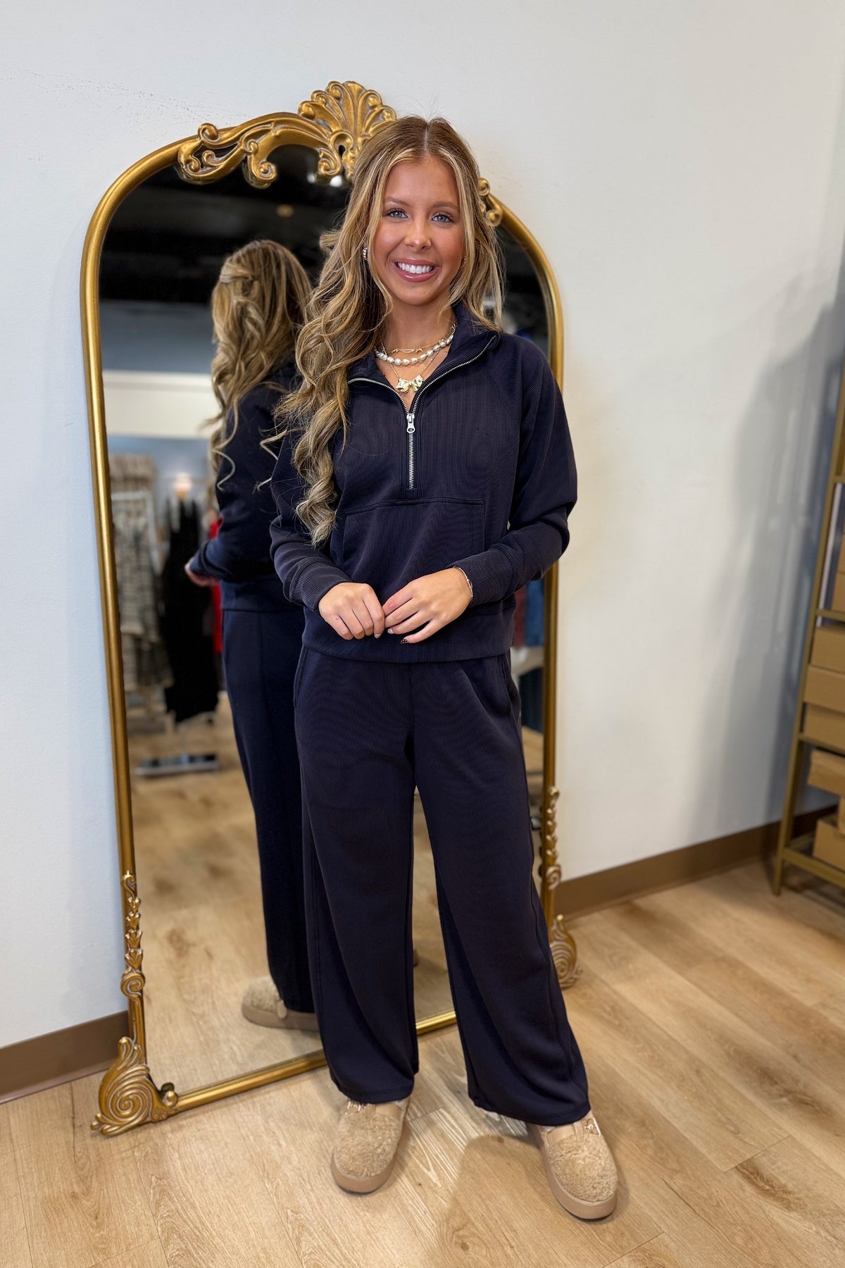 Repeat Ribbed Quarter Zip Set Black