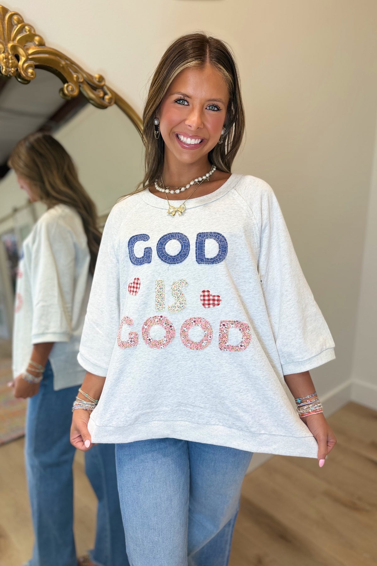 God is Good Patchwork Top Grey