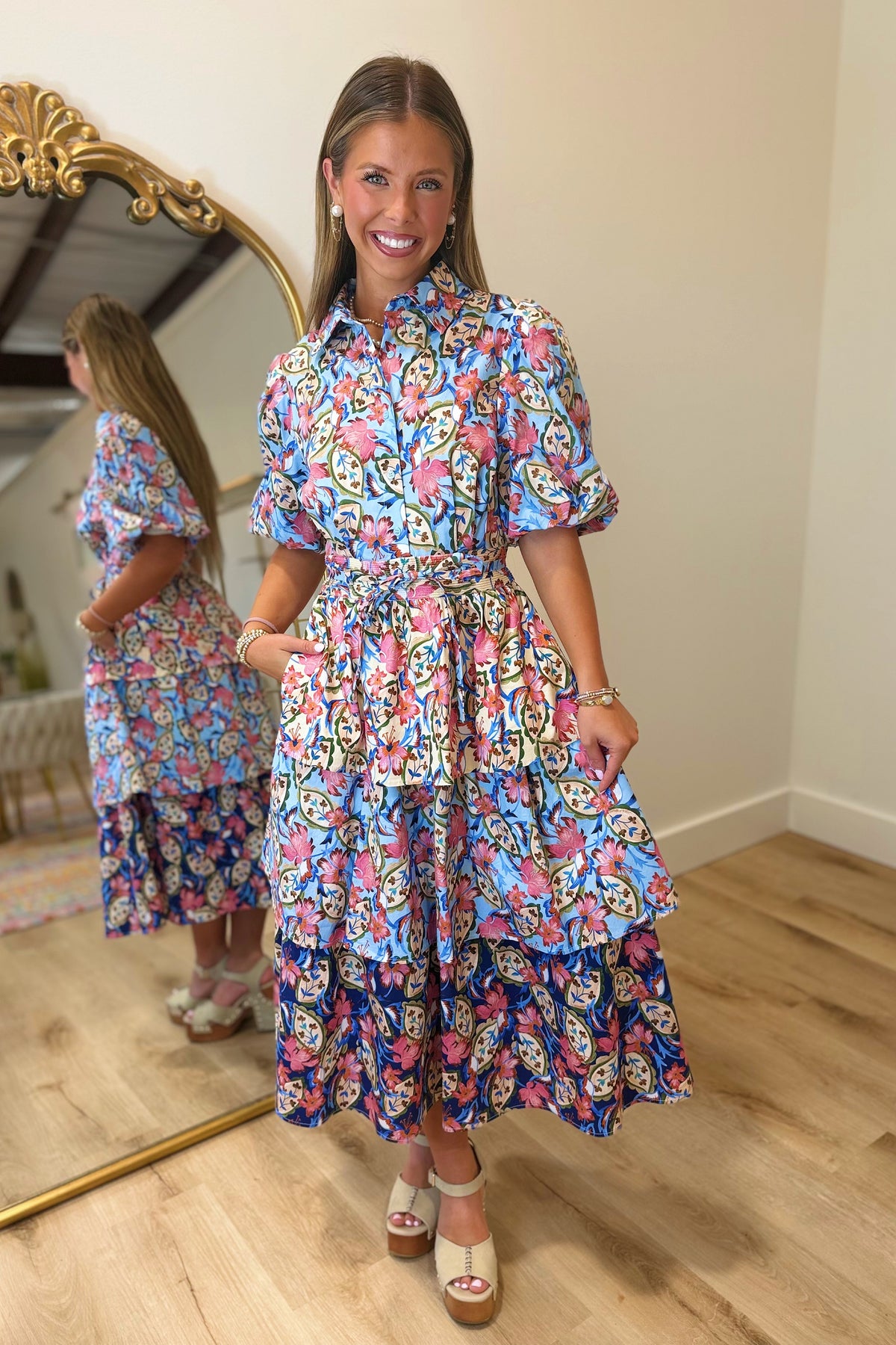 Garden Party Tiered Midi Dress Blue