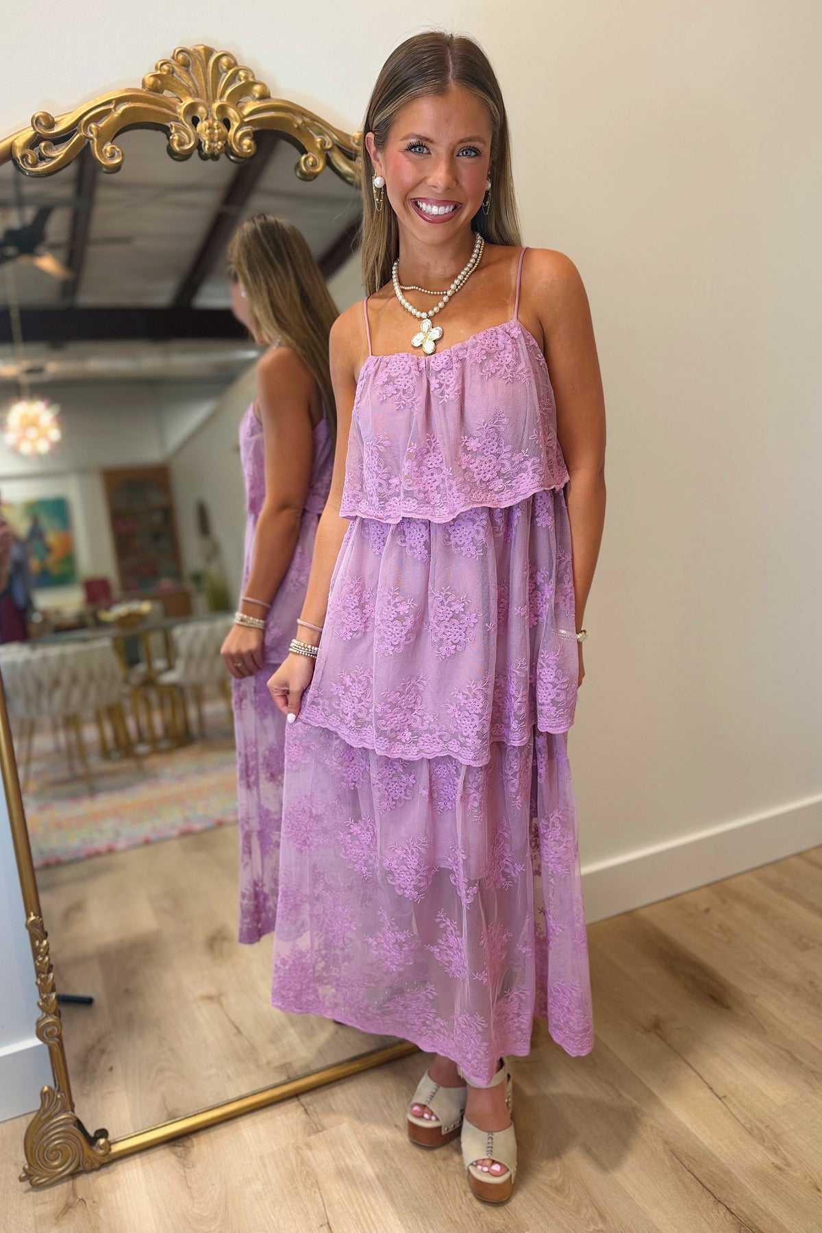 Attention on Me Tiered Lace Dress Orchid