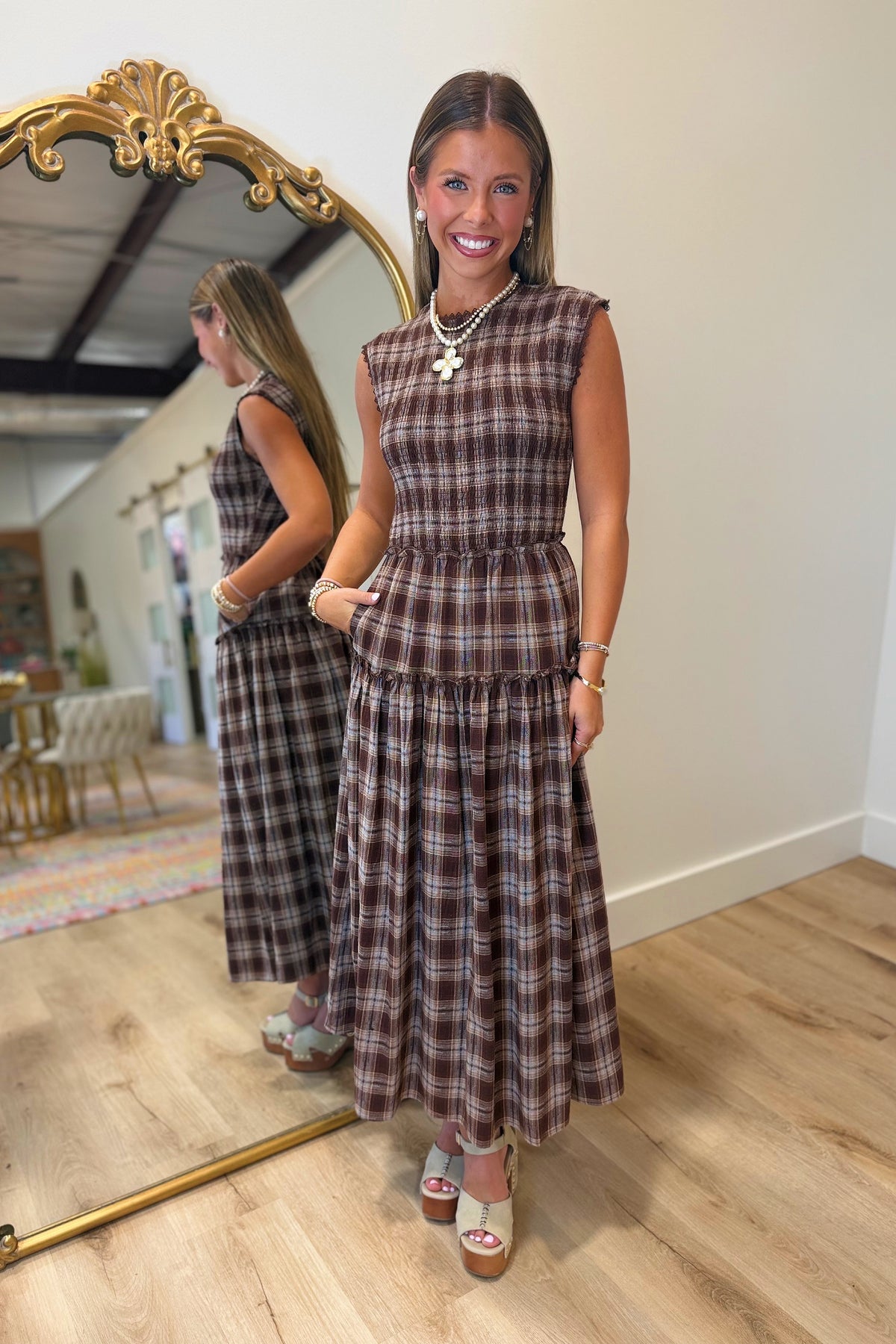 Fall on the Prairie Plaid Dress Brown