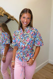 Garden Party Belted Puff Sleeve Top Blue