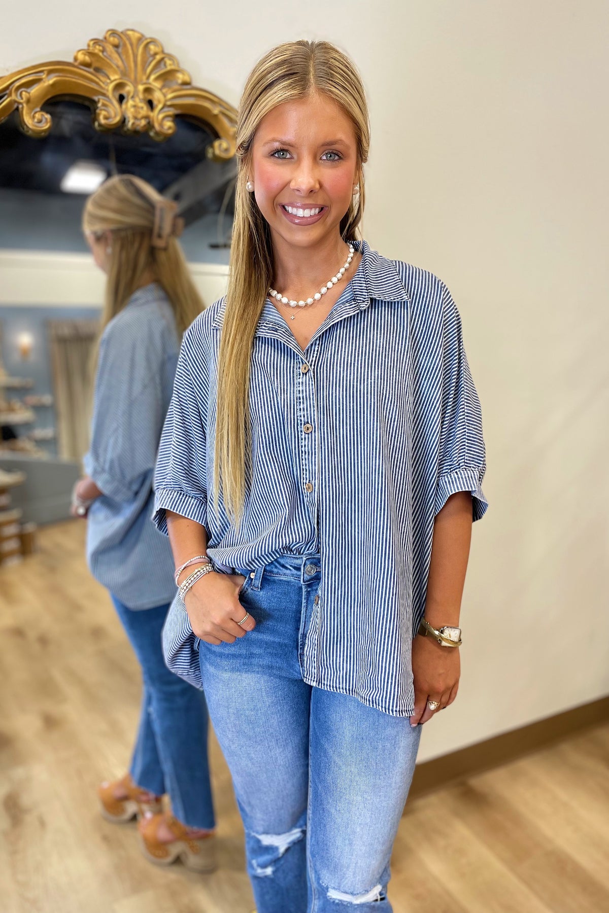 Washed Striped Print Dolman Button Down Shirt Navy