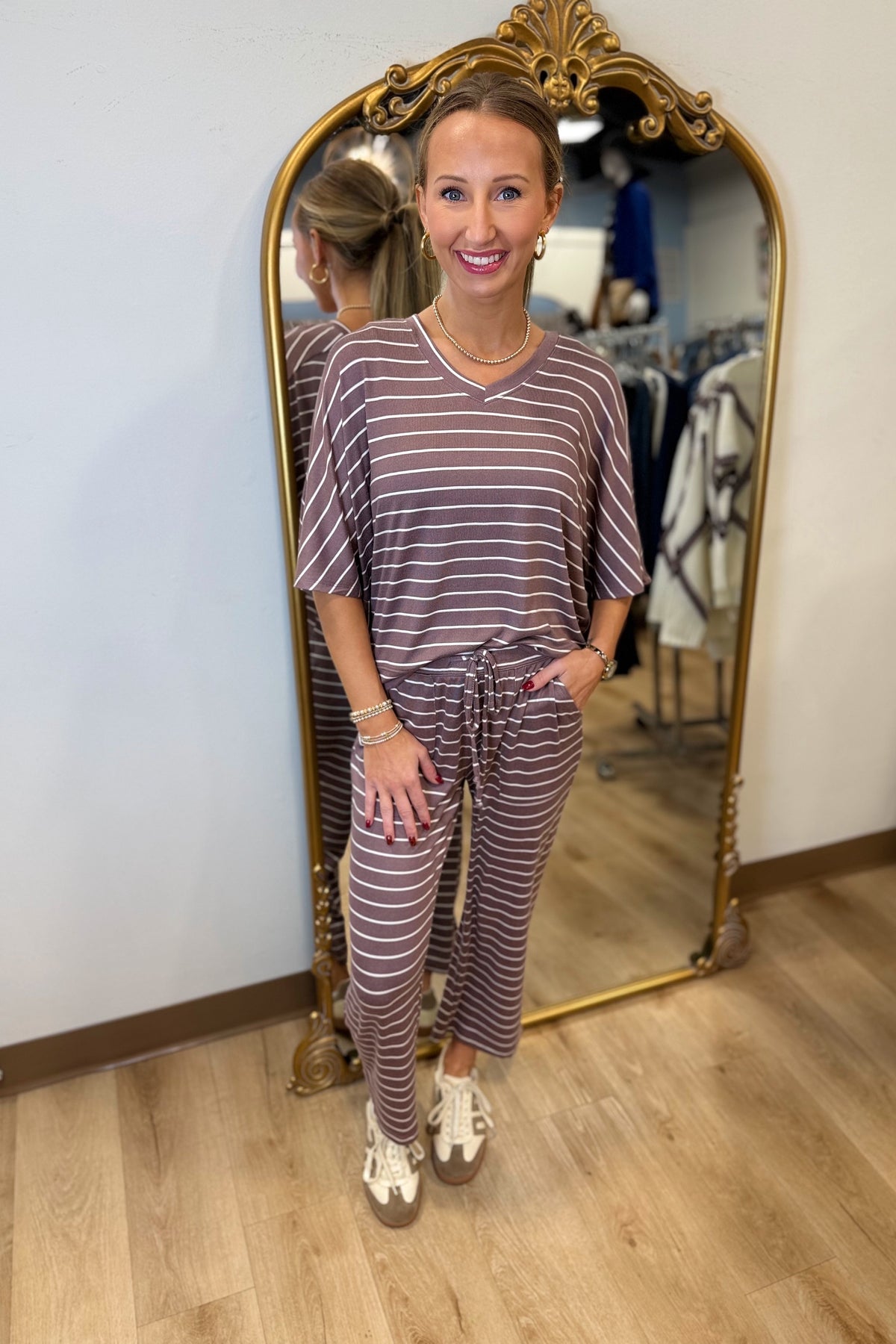 Softies Capri V Neck Lounge Set Driftwood Stripe
