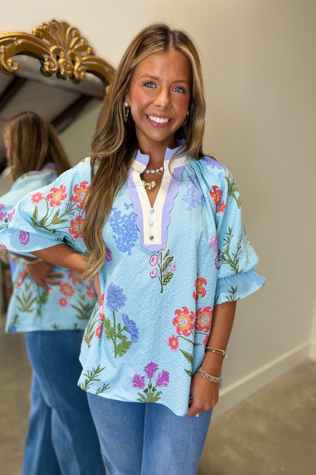 Umgee Contrast Trim Top Seafoam