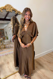 Satin Blouson Maxi Dress Brown