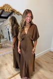 Satin Blouson Maxi Dress Brown