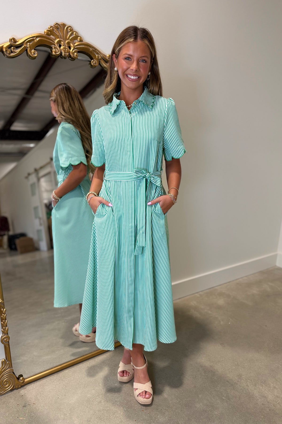 Palm Coast Striped Midi Dress Green