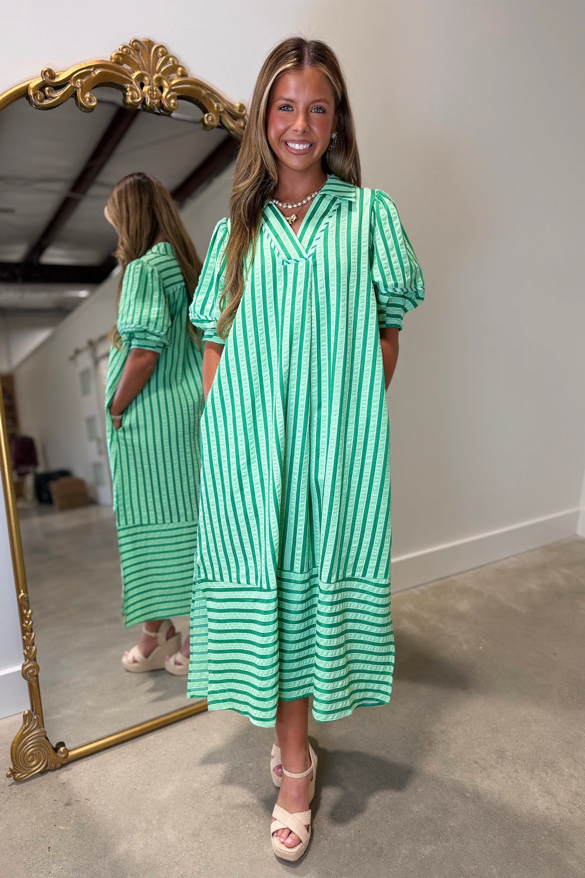 Umgee Masters Green Striped Midi Dress RESTOCK Umgee Masters Green Striped Midi Dress RESTOCK