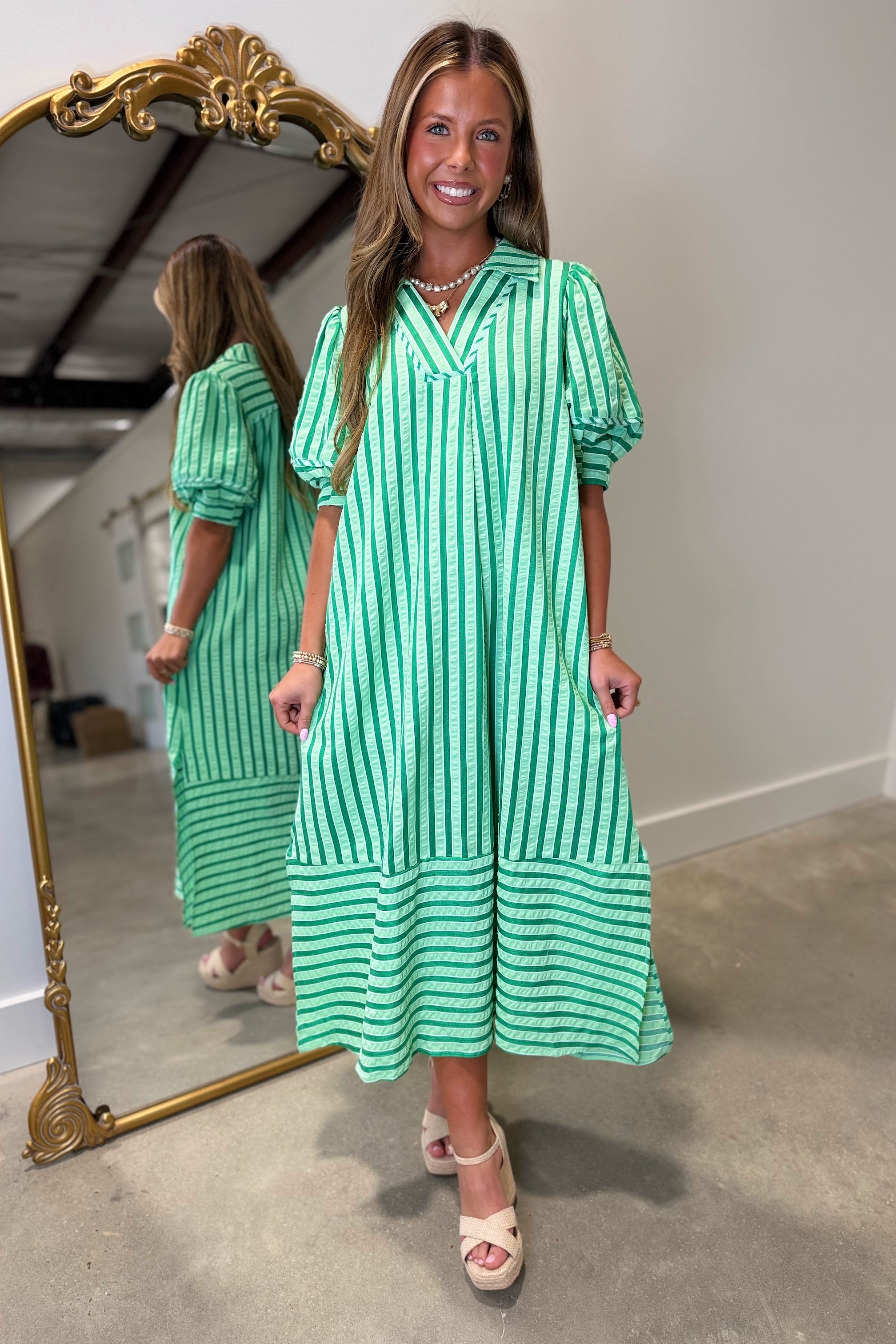 green pinstripe dress Lewisa Maxi Dress Green Stripe