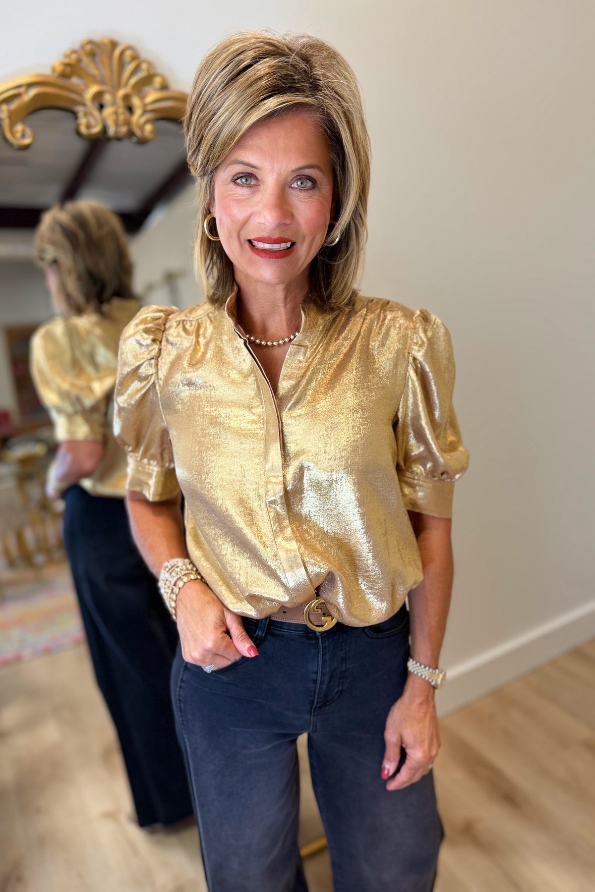 Golden Elegance Short Sleeve Blouse
