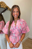 Malibu Embroidered Eyelet Puff Sleeve Peplum Top Pink