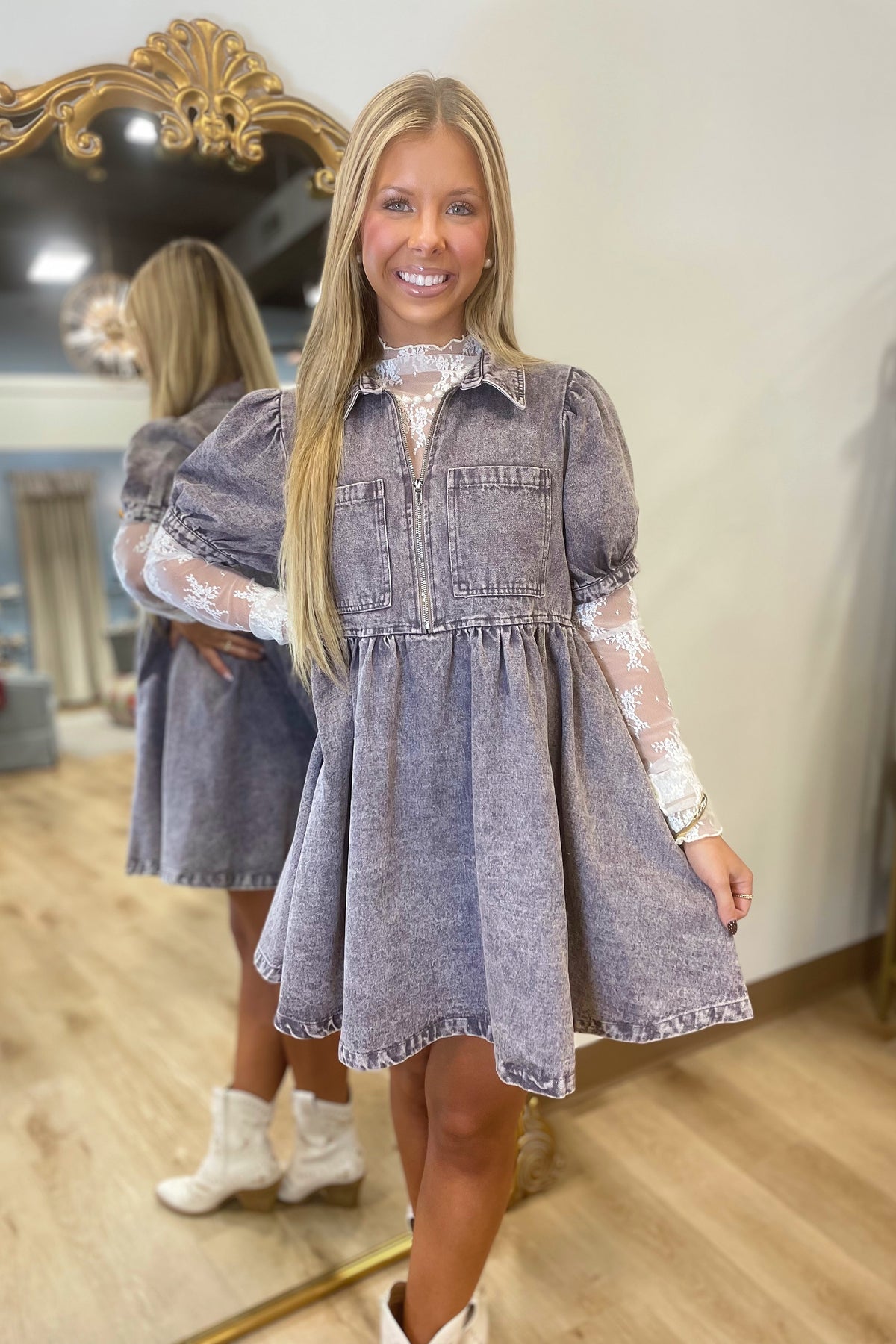 Washed Denim Puff Sleeve Dress Charcoal