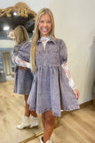 Washed Denim Puff Sleeve Dress Charcoal