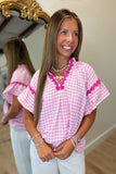 Umgee Picnic Plaid 3d Floral Top Pink
