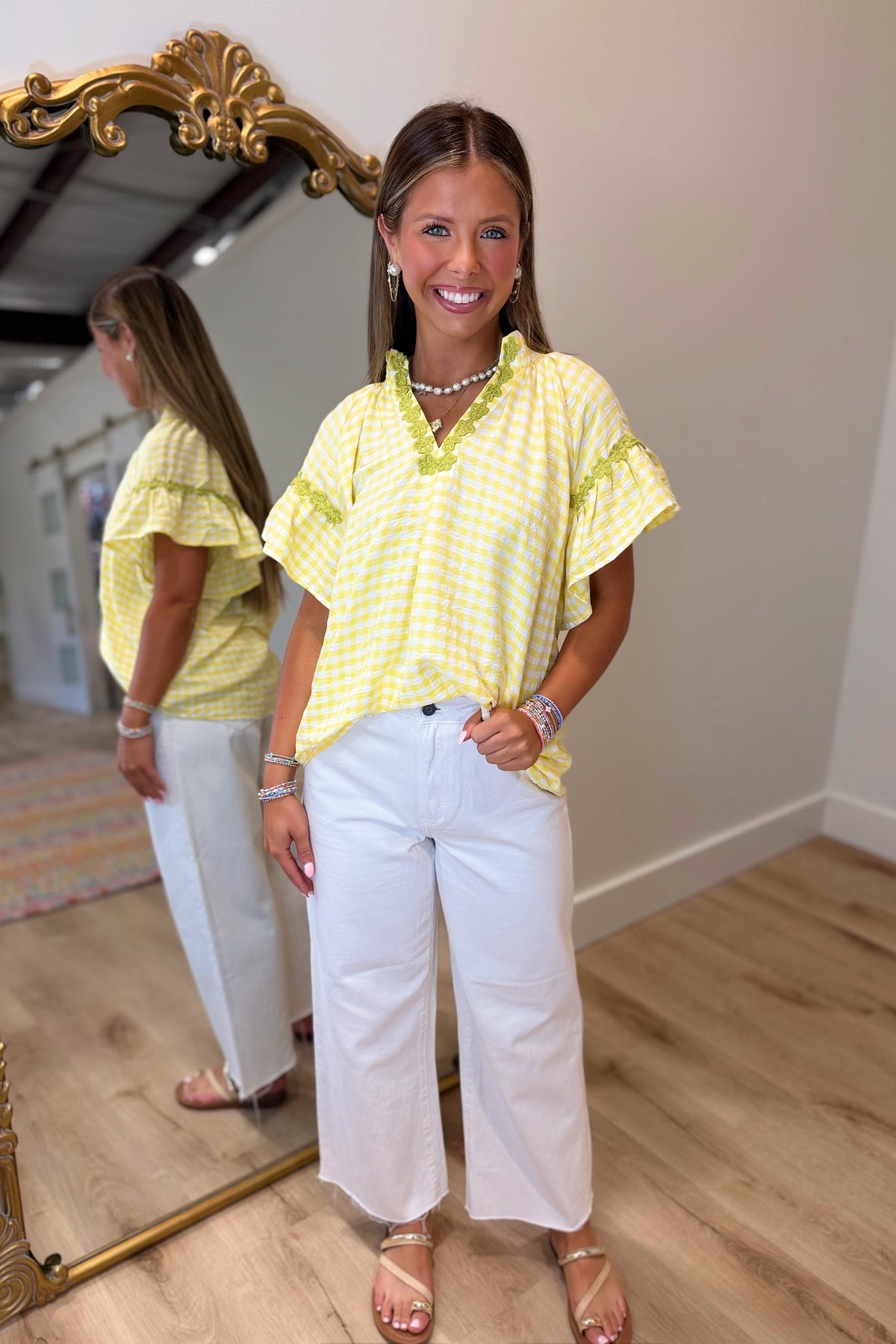 Umgee Picnic Plaid 3d Floral Top Yellow