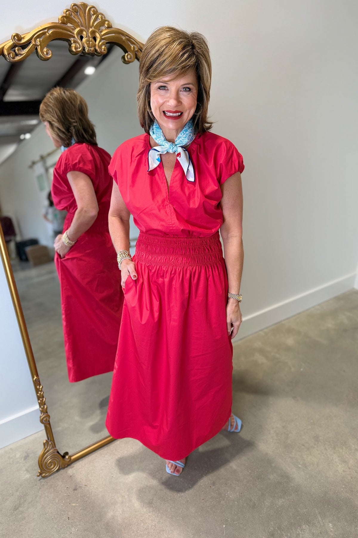 APNY Smocked Midi Dress Red