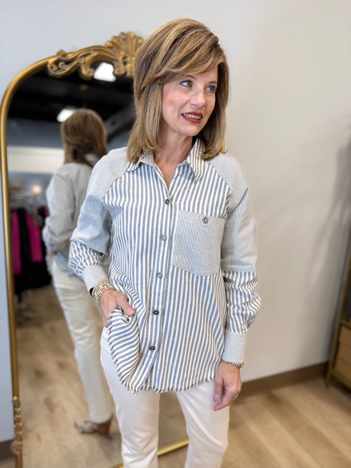 Multiples 2 Pocket Button Front Shirt Granite