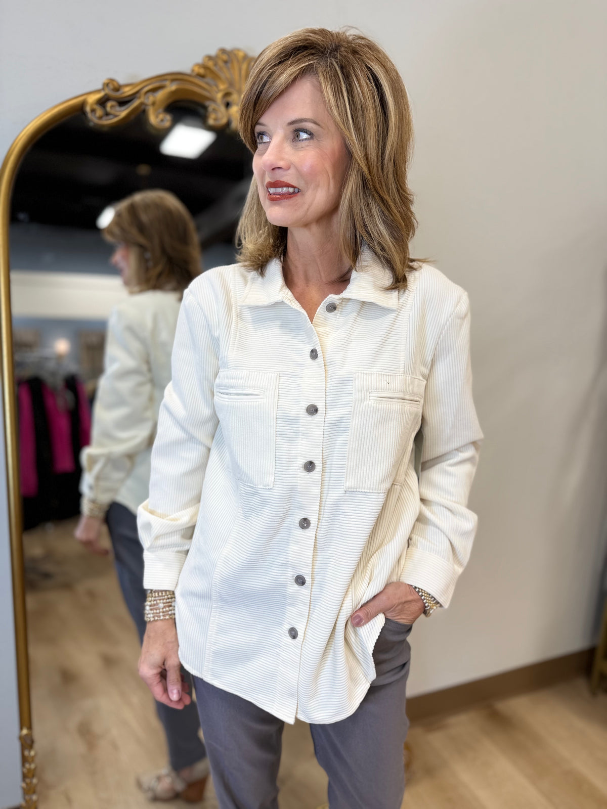 Multiples 2 Pocket Button Front Shirt Winter White