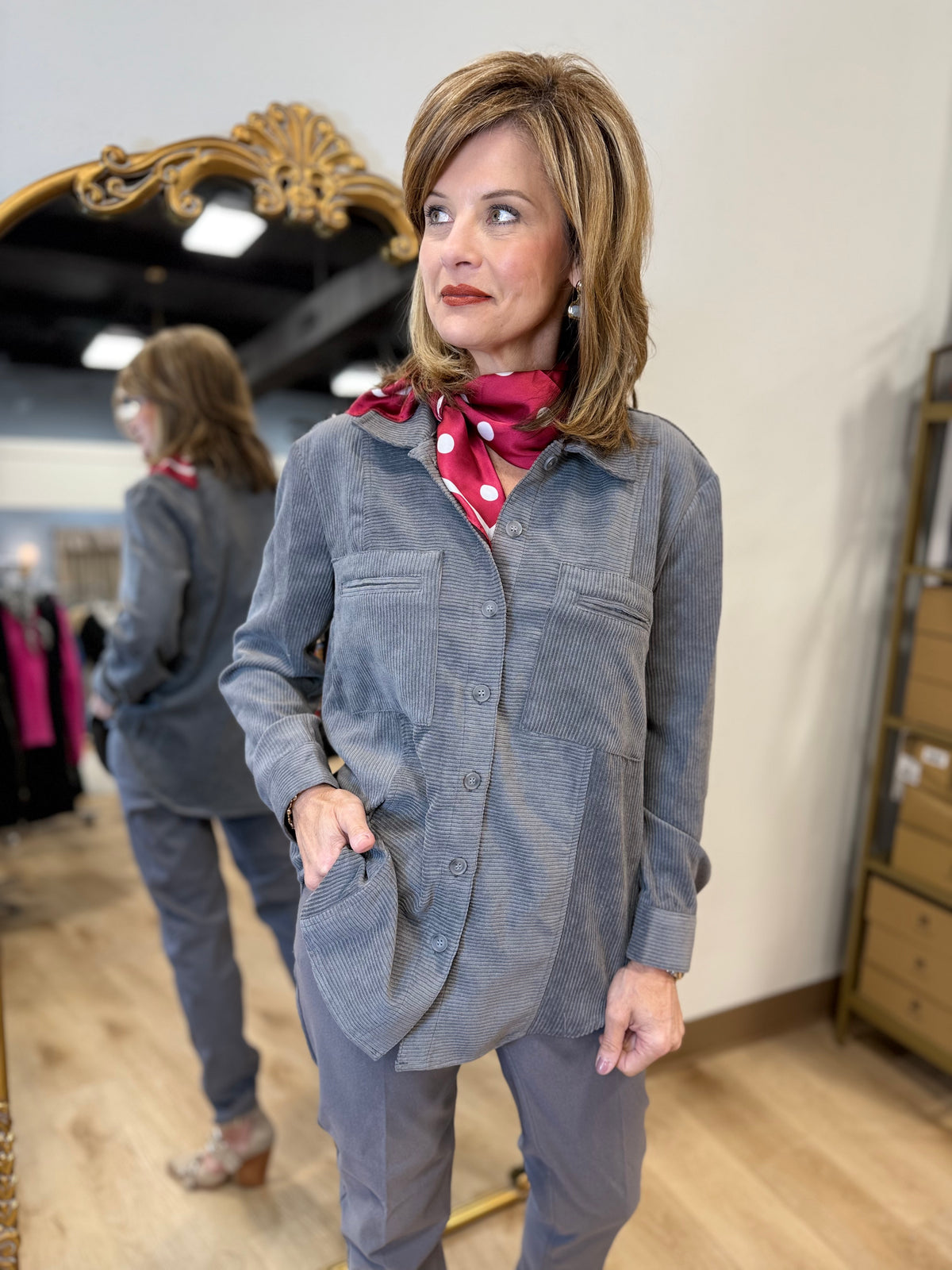 Multiples LS Button Front Shirt Granite