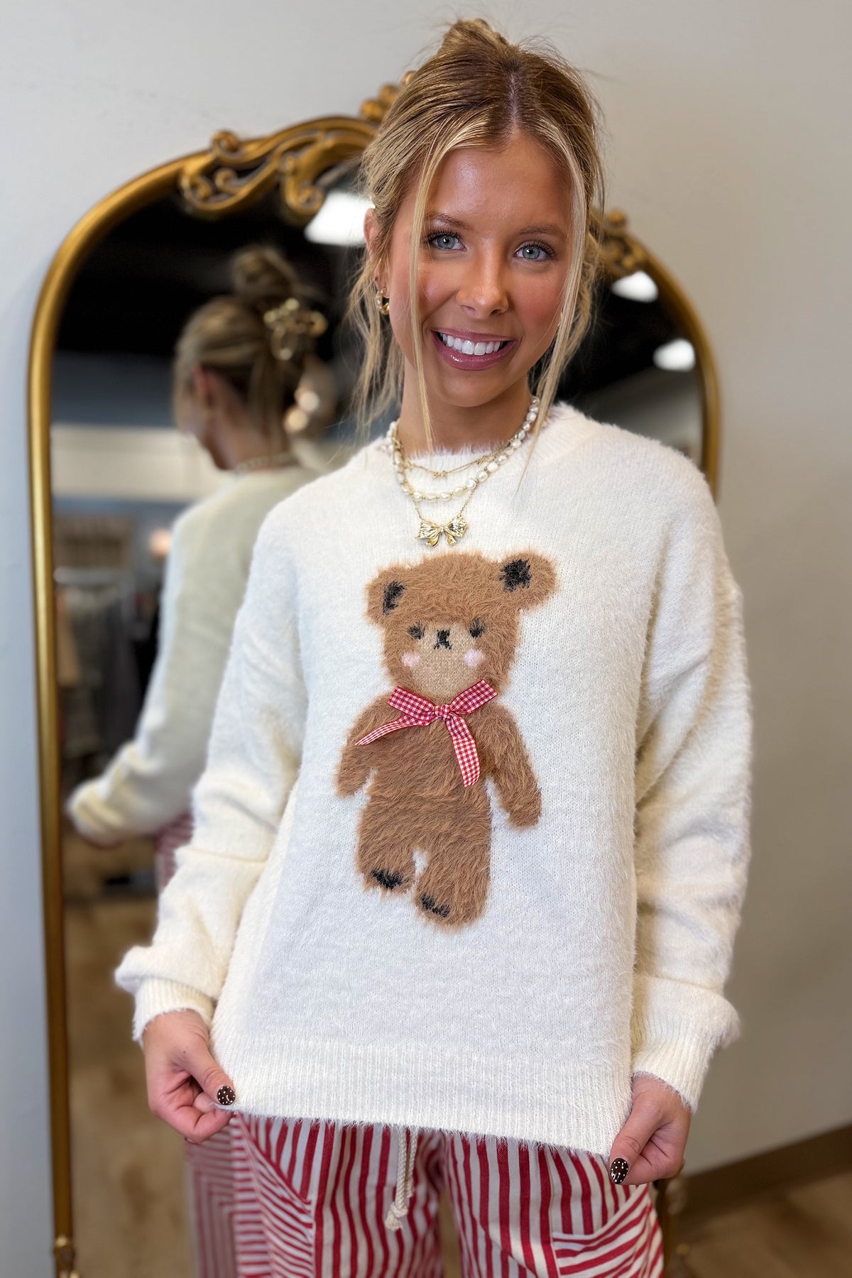 Bear Necessities Plaid Bow Sweater Cream