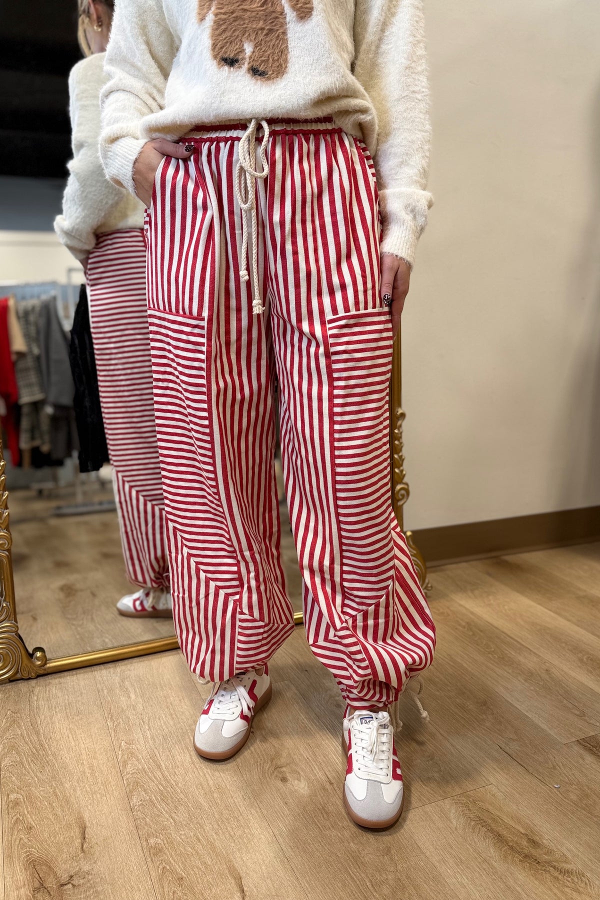 Mixed Stripe Wide Leg Cinch Pants Red