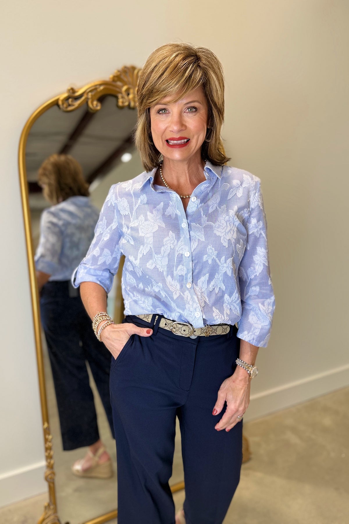 Charlie B Yarn Dyed Striped Blouse Blue