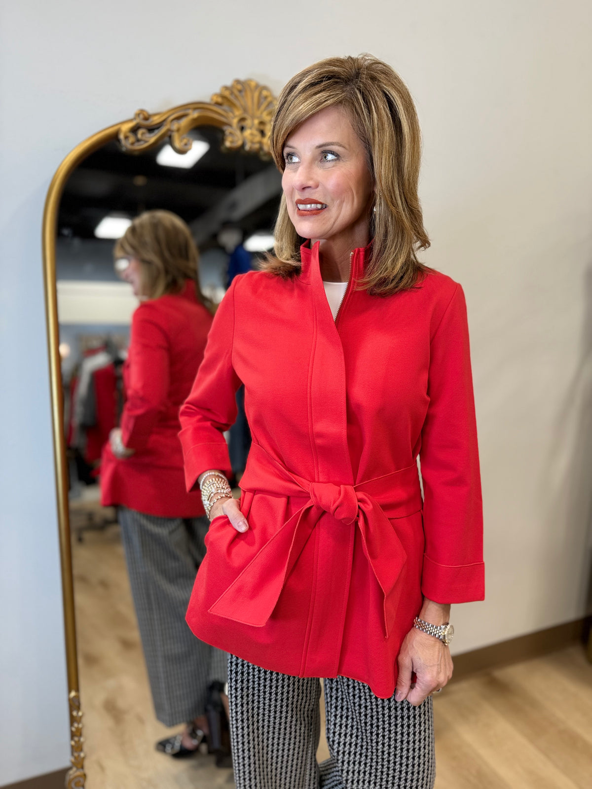 Renuar Knit Jacket w Tie Belt Scarlet