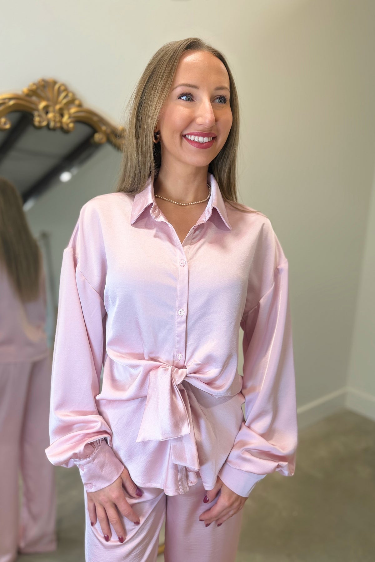 Feminine Silk Tie Front Blouse Pink