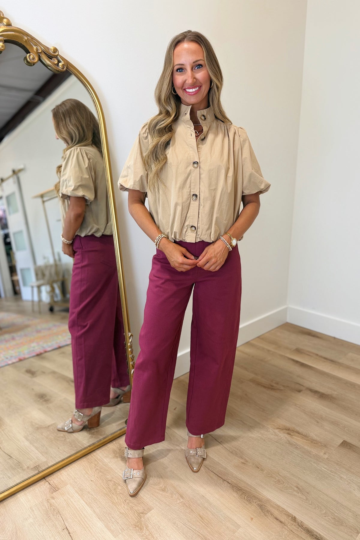 Cute as a Button Bubble Blouse Khaki