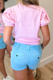 Floral Embroidery Puff Sleeve Knit Top Pink