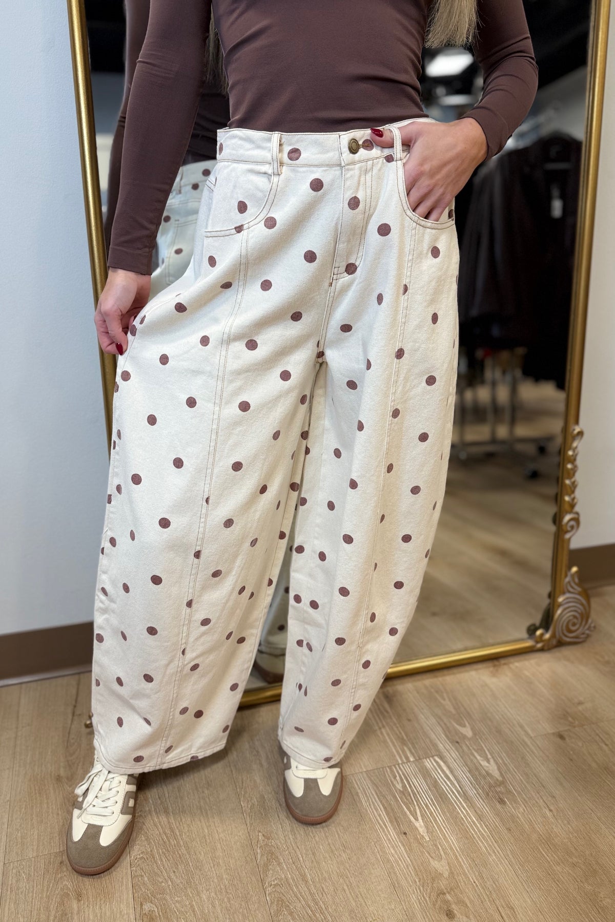 Polka Dot Barrel Jeans Cream